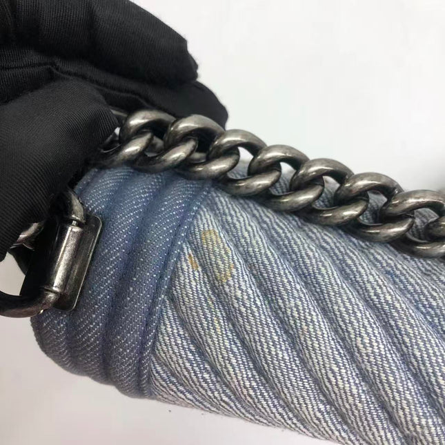 Chanel Le Boy Small Denim Blue Jeans Chevron Stitching Silver Hardware