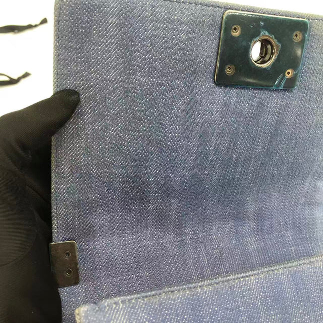 Chanel Le Boy Small Denim Blue Jeans Chevron Stitching Silver Hardware
