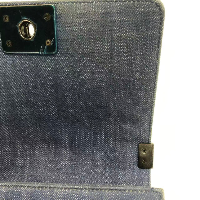 Chanel Le Boy Small Denim Blue Jeans Chevron Stitching Silver Hardware
