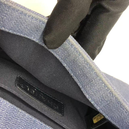 Chanel Le Boy Small Denim Blue Jeans Chevron Stitching Silver Hardware