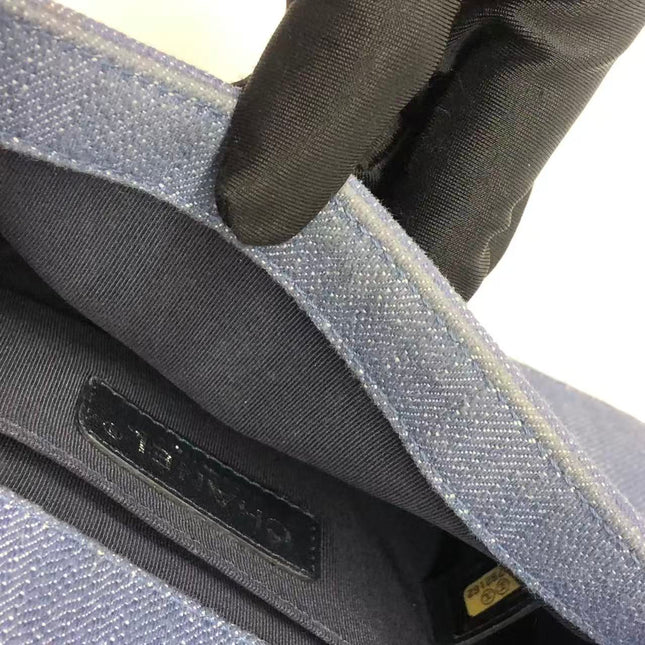 Chanel Le Boy Small Denim Blue Jeans Chevron Stitching Silver Hardware