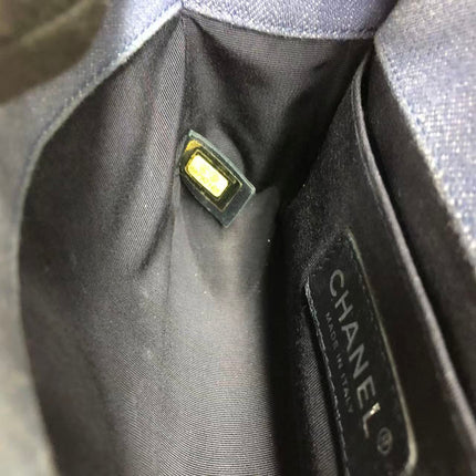 Chanel Le Boy Small Denim Blue Jeans Chevron Stitching Silver Hardware