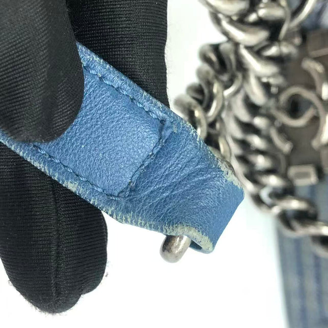 Chanel Le Boy Small Denim Blue Jeans Chevron Stitching Silver Hardware