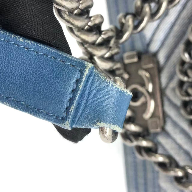 Chanel Le Boy Small Denim Blue Jeans Chevron Stitching Silver Hardware
