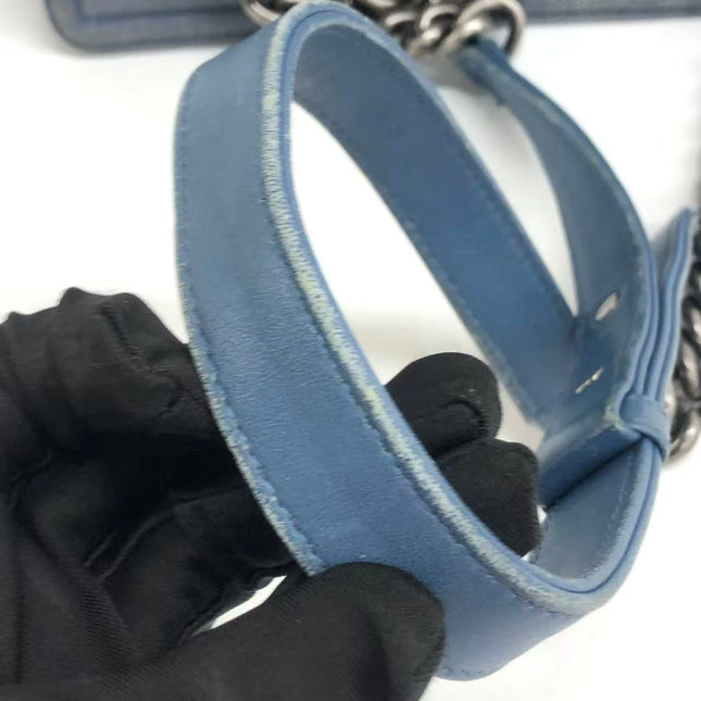 Chanel Le Boy Small Denim Blue Jeans Chevron Stitching Silver Hardware