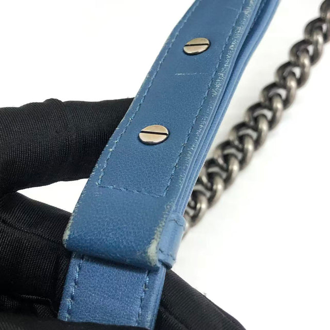 Chanel Le Boy Small Denim Blue Jeans Chevron Stitching Silver Hardware