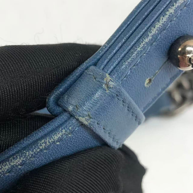 Chanel Le Boy Small Denim Blue Jeans Chevron Stitching Silver Hardware