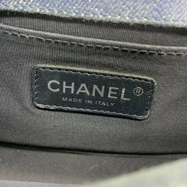 Chanel Le Boy Small Denim Blue Jeans Chevron Stitching Silver Hardware