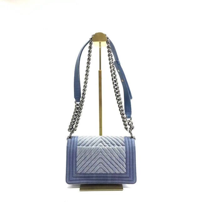 Chanel Le Boy Small Denim Blue Jeans Chevron Stitching Silver Hardware