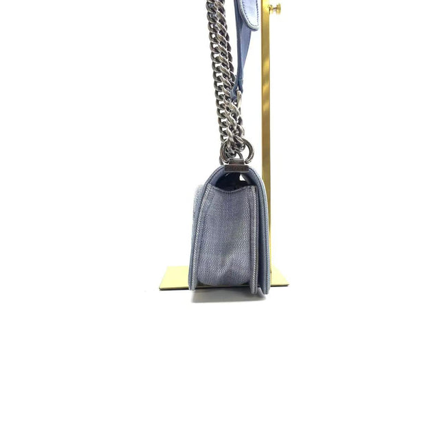 Chanel Le Boy Small Denim Blue Jeans Chevron Stitching Silver Hardware