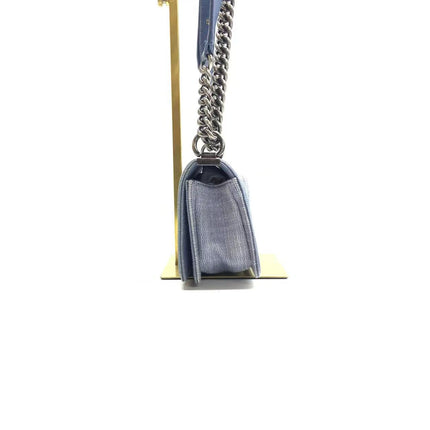 Chanel Le Boy Small Denim Blue Jeans Chevron Stitching Silver Hardware