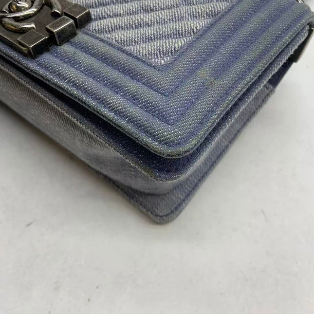 Chanel Le Boy Small Denim Blue Jeans Chevron Stitching Silver Hardware