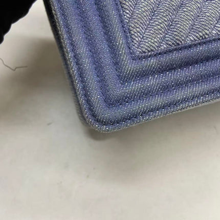 Chanel Le Boy Small Denim Blue Jeans Chevron Stitching Silver Hardware