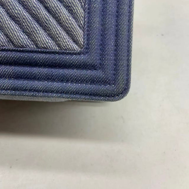 Chanel Le Boy Small Denim Blue Jeans Chevron Stitching Silver Hardware