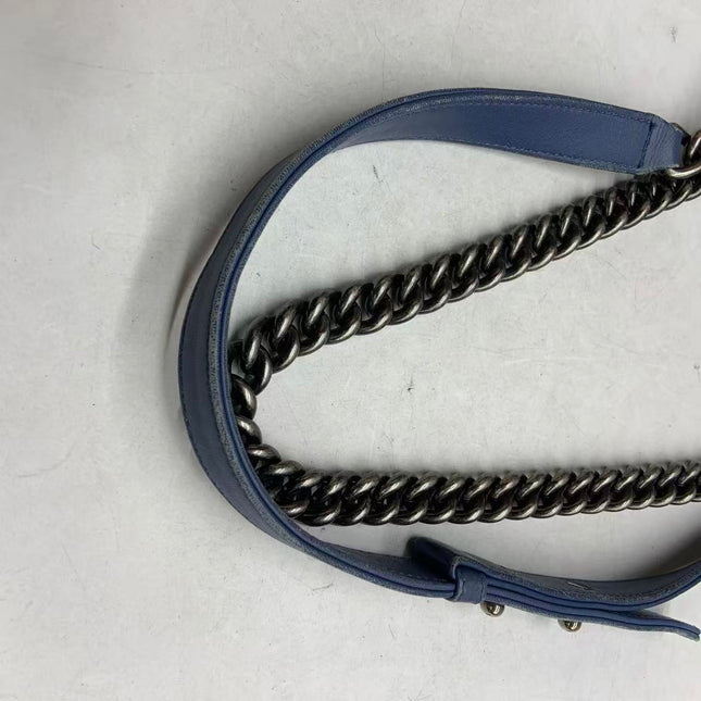 Chanel Le Boy Small Denim Blue Jeans Chevron Stitching Silver Hardware