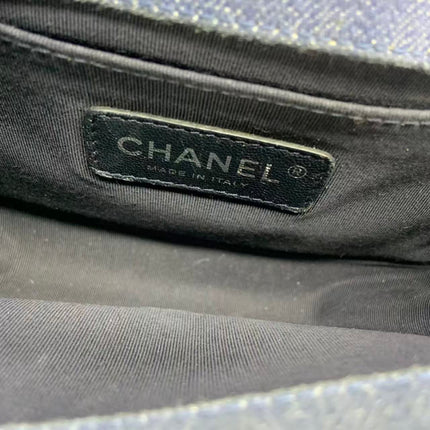 Chanel Le Boy Small Denim Blue Jeans Chevron Stitching Silver Hardware