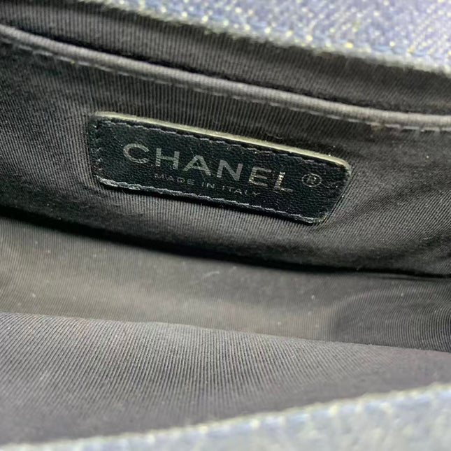 Chanel Le Boy Small Denim Blue Jeans Chevron Stitching Silver Hardware