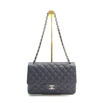 Chanel Classic Flap Jumbo 2011 Black Caviar Leather Double Flap Silver Hardware-Luxbags