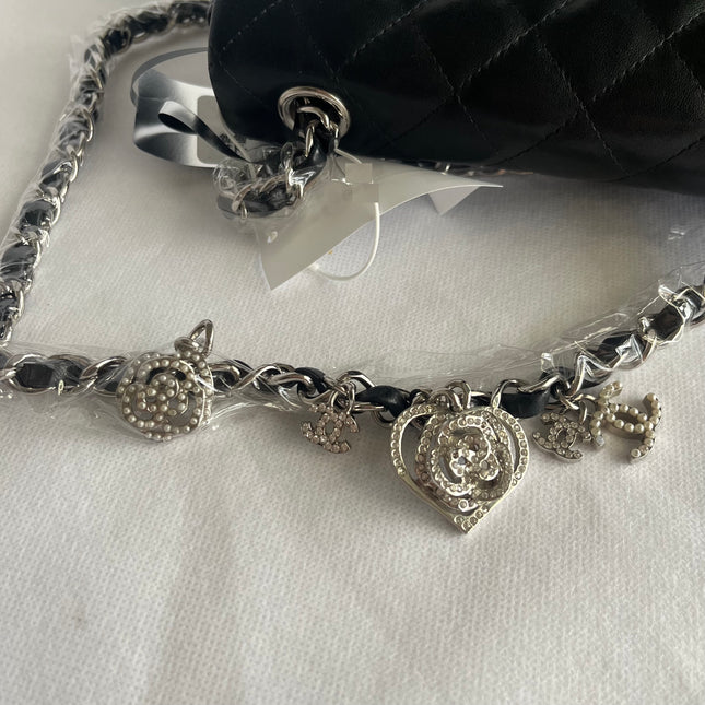 Chanel Classic Flap Mini 2014 Black Lambskin Camellia Charms Silver Hardware