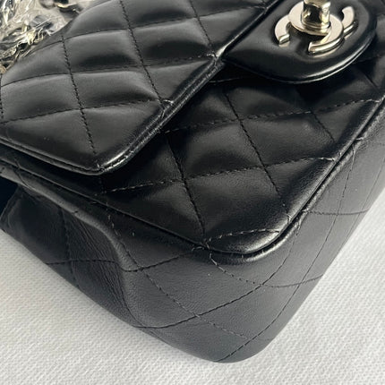 Chanel Classic Flap Mini 2014 Black Lambskin Camellia Charms Silver Hardware