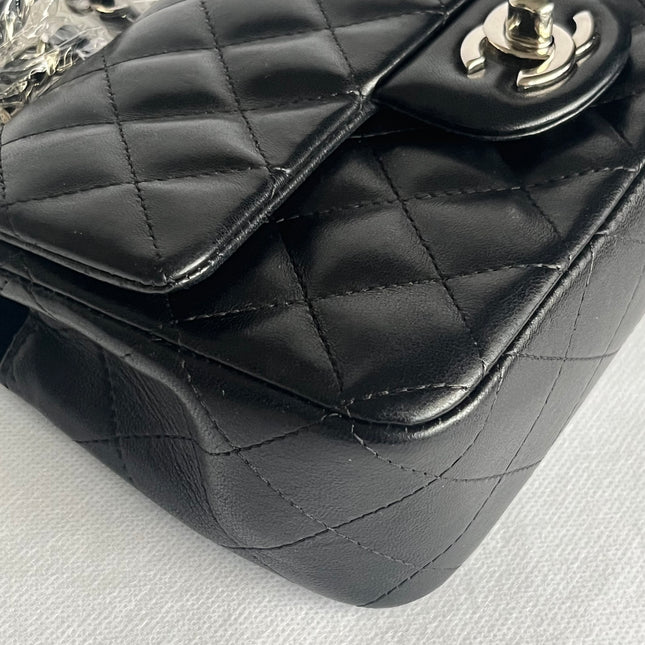 Chanel Classic Flap Mini 2014 Black Lambskin Camellia Charms Silver Hardware