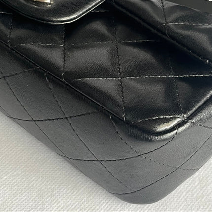 Chanel Classic Flap Mini 2014 Black Lambskin Camellia Charms Silver Hardware