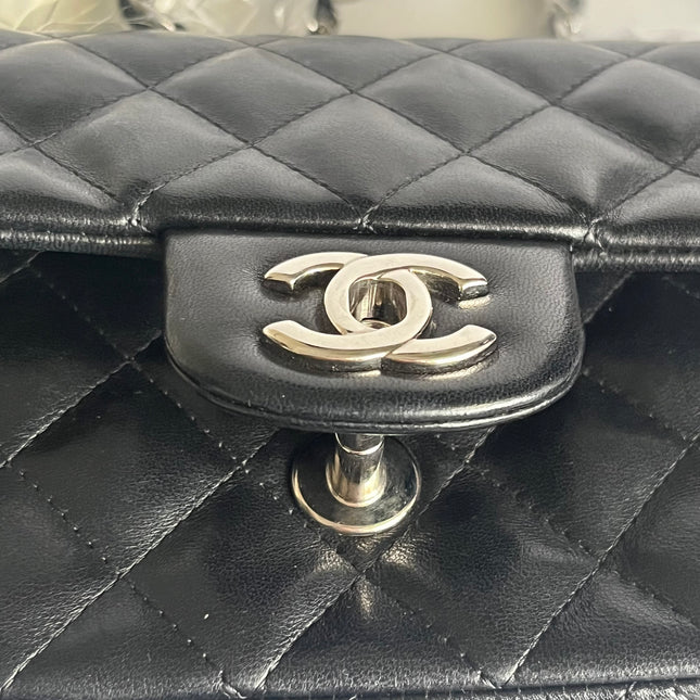 Chanel Classic Flap Mini 2014 Black Lambskin Camellia Charms Silver Hardware