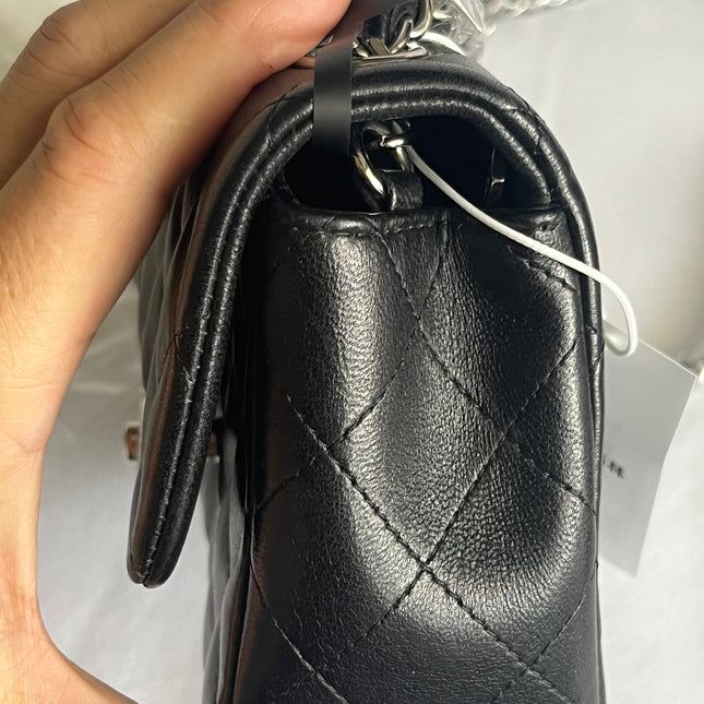 Chanel Classic Flap Mini 2014 Black Lambskin Camellia Charms Silver Hardware