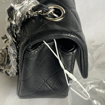 Chanel Classic Flap Mini 2014 Black Lambskin Camellia Charms Silver Hardware