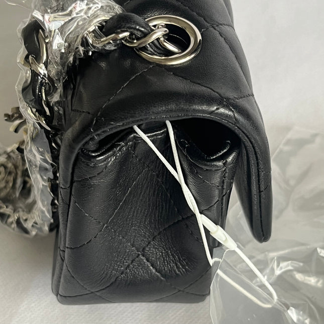 Chanel Classic Flap Mini 2014 Black Lambskin Camellia Charms Silver Hardware