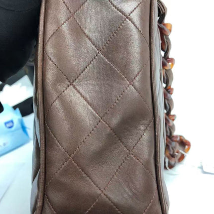 Chanel Single Flap Jumbo Brown Lambskin Leather Tortoise CC Logo and Chain