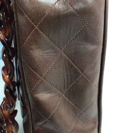 Chanel Single Flap Jumbo Brown Lambskin Leather Tortoise CC Logo and Chain