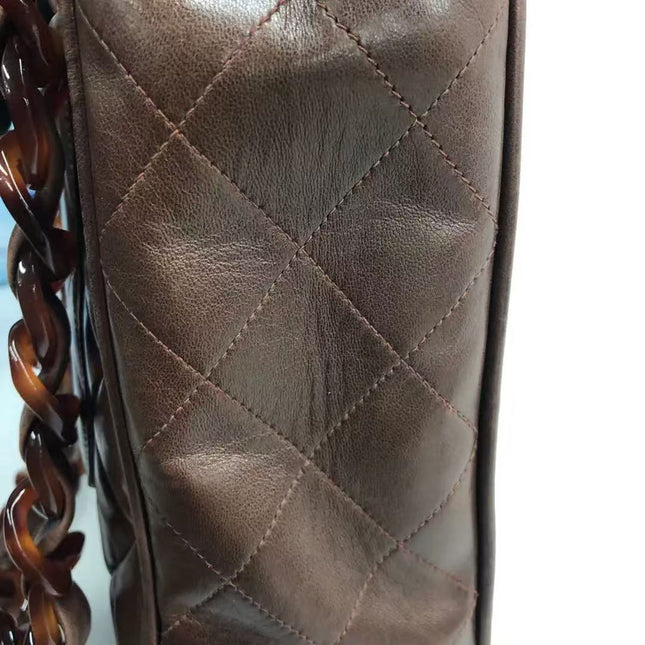 Chanel Single Flap Jumbo Brown Lambskin Leather Tortoise CC Logo and Chain