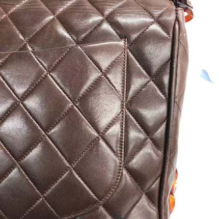 Chanel Single Flap Jumbo Brown Lambskin Leather Tortoise CC Logo and Chain