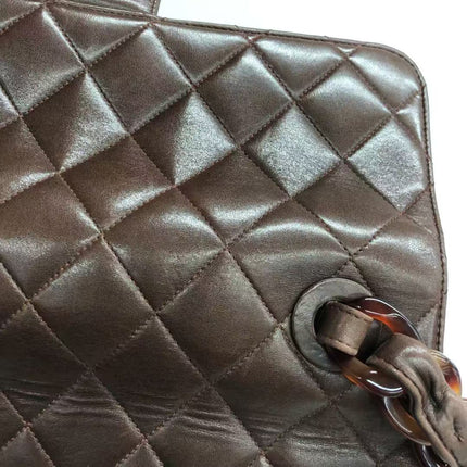 Chanel Single Flap Jumbo Brown Lambskin Leather Tortoise CC Logo and Chain