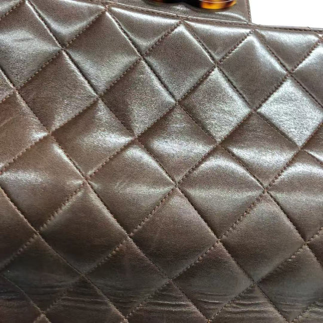 Chanel Single Flap Jumbo Brown Lambskin Leather Tortoise CC Logo and Chain