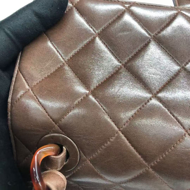 Chanel Single Flap Jumbo Brown Lambskin Leather Tortoise CC Logo and Chain