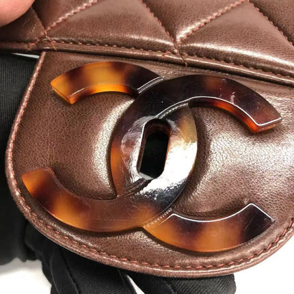 Chanel Single Flap Jumbo Brown Lambskin Leather Tortoise CC Logo and Chain