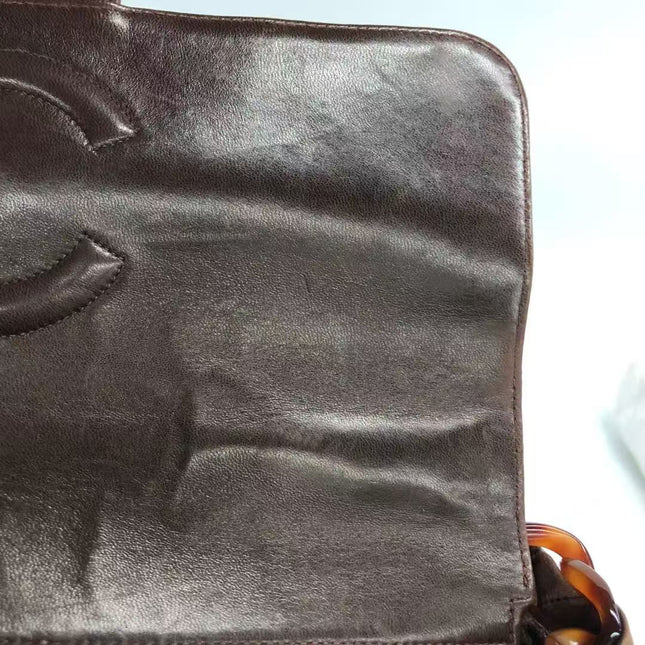 Chanel Single Flap Jumbo Brown Lambskin Leather Tortoise CC Logo and Chain