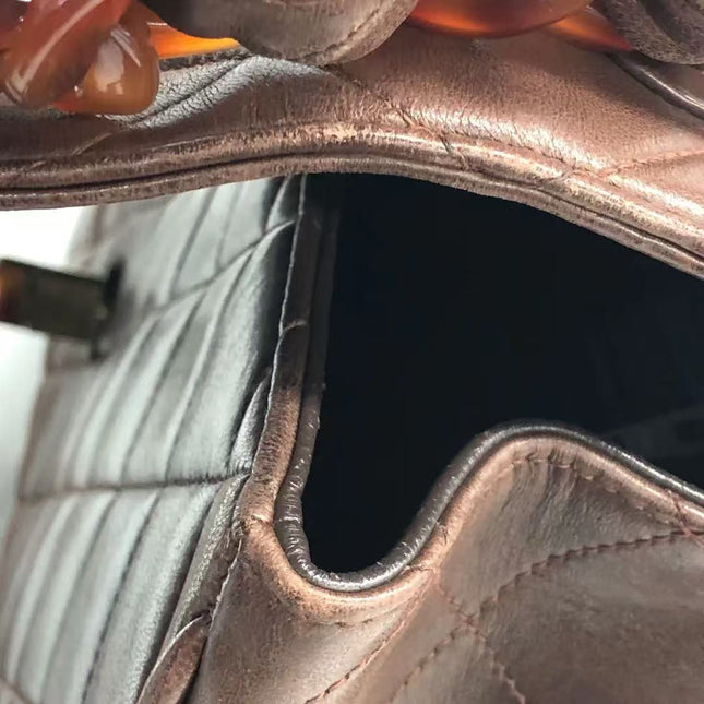 Chanel Single Flap Jumbo Brown Lambskin Leather Tortoise CC Logo and Chain