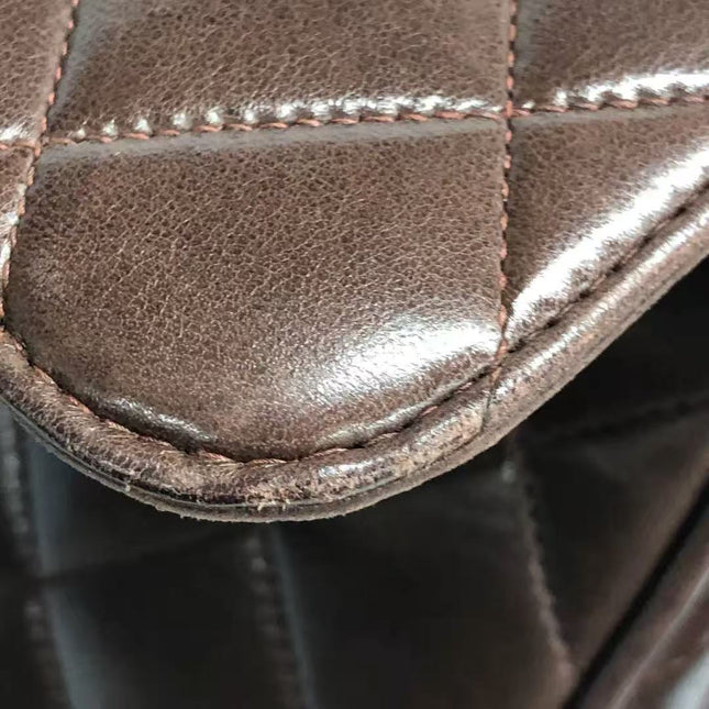 Chanel Single Flap Jumbo Brown Lambskin Leather Tortoise CC Logo and Chain