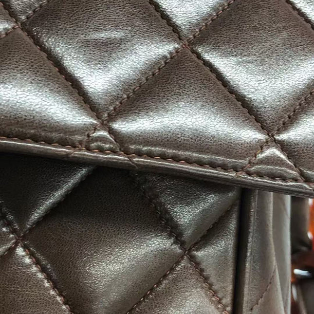 Chanel Single Flap Jumbo Brown Lambskin Leather Tortoise CC Logo and Chain