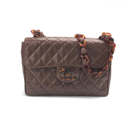 Chanel Single Flap Jumbo Brown Lambskin Leather Tortoise CC Logo and Chain-Luxbags