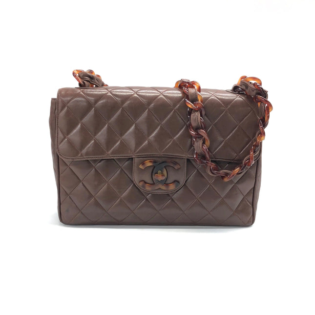 Chanel Single Flap Jumbo Brown Lambskin Leather Tortoise CC Logo and Chain-Luxbags