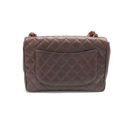 Chanel Single Flap Jumbo Brown Lambskin Leather Tortoise CC Logo and Chain