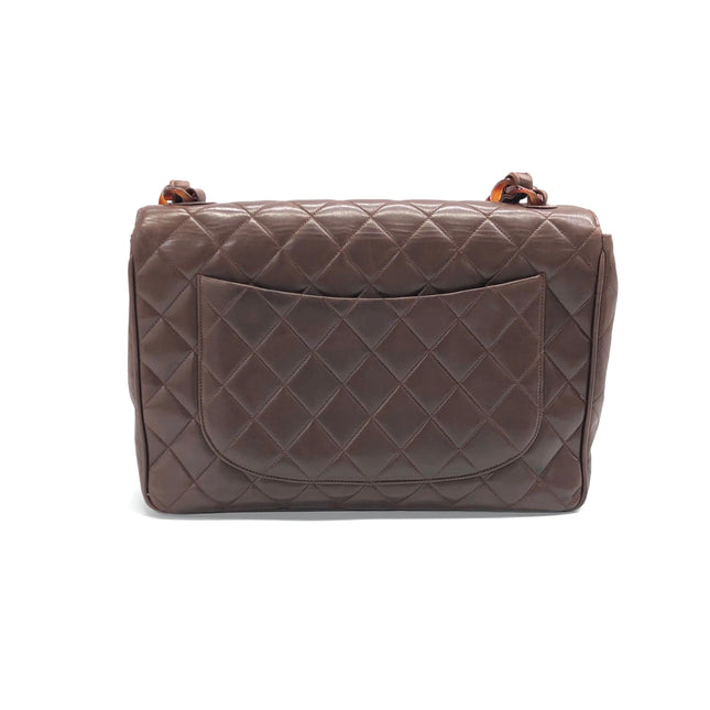 Chanel Single Flap Jumbo Brown Lambskin Leather Tortoise CC Logo and Chain