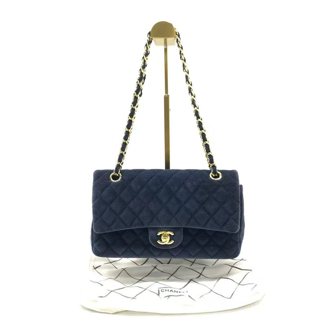 Chanel Classic Flap Medium Navy Velvet Gold Hardware, 2016-2017-Luxbags