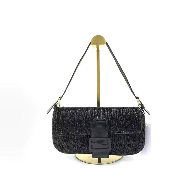 Fendi Baguette Vintage Black Glitter Beads Shoulder Bag-Luxbags