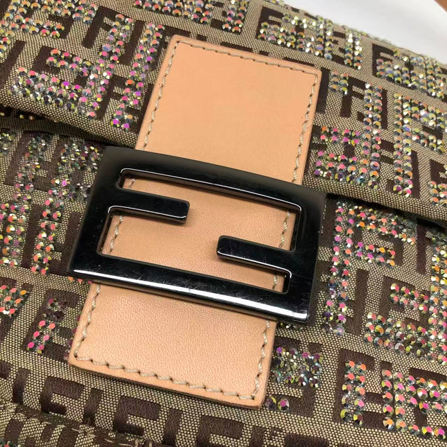 Fendi Baguette Brown Zucchino Monogram Multicolor Crystals Shoulder Bag