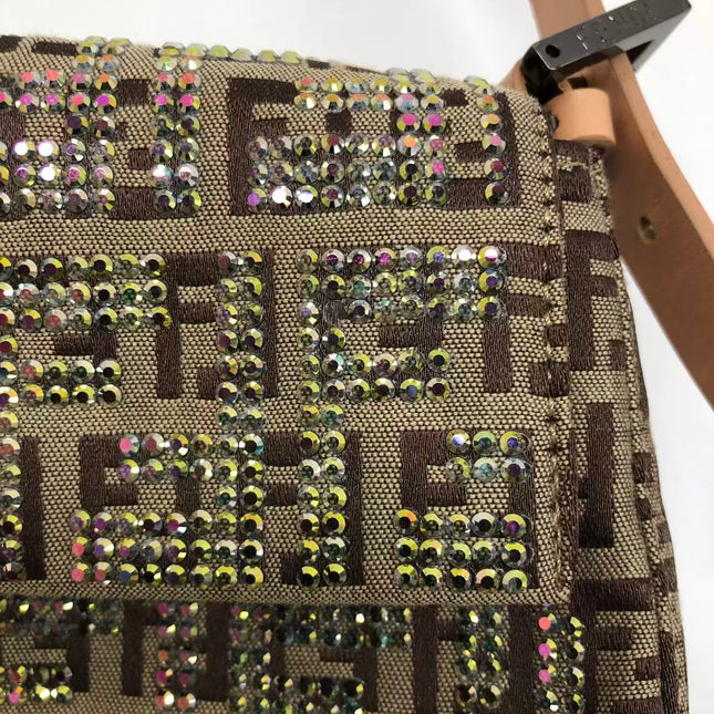 Fendi Baguette Brown Zucchino Monogram Multicolor Crystals Shoulder Bag